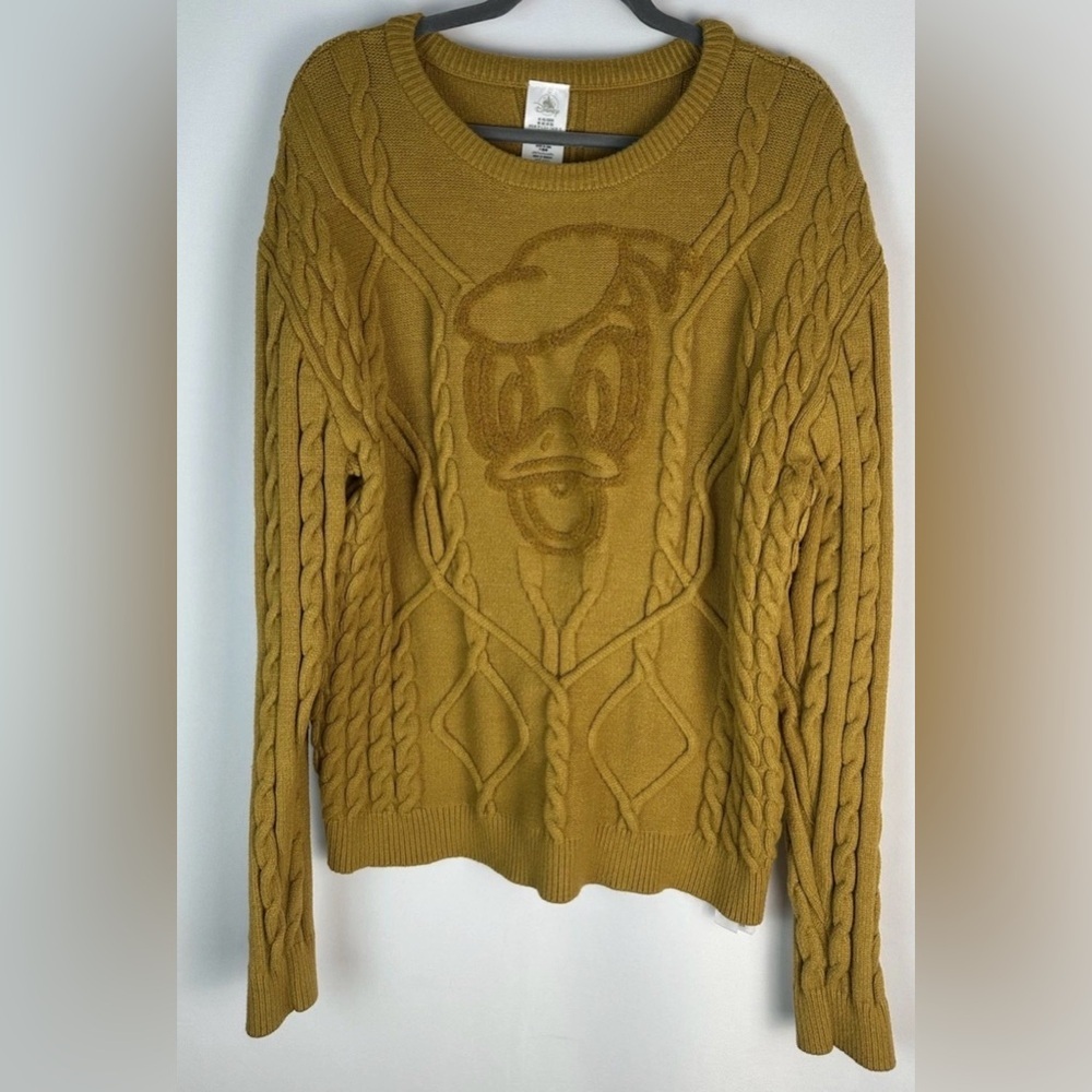 Disney Parks Donald Duck Cable Knit Sweater Mustard Yellow Pullover XXL